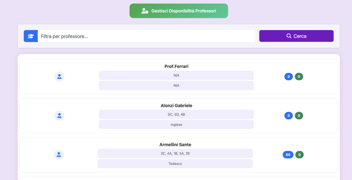 Schermata dell’app con ricerca per professore, elenco docenti, classi, materie e contatori
